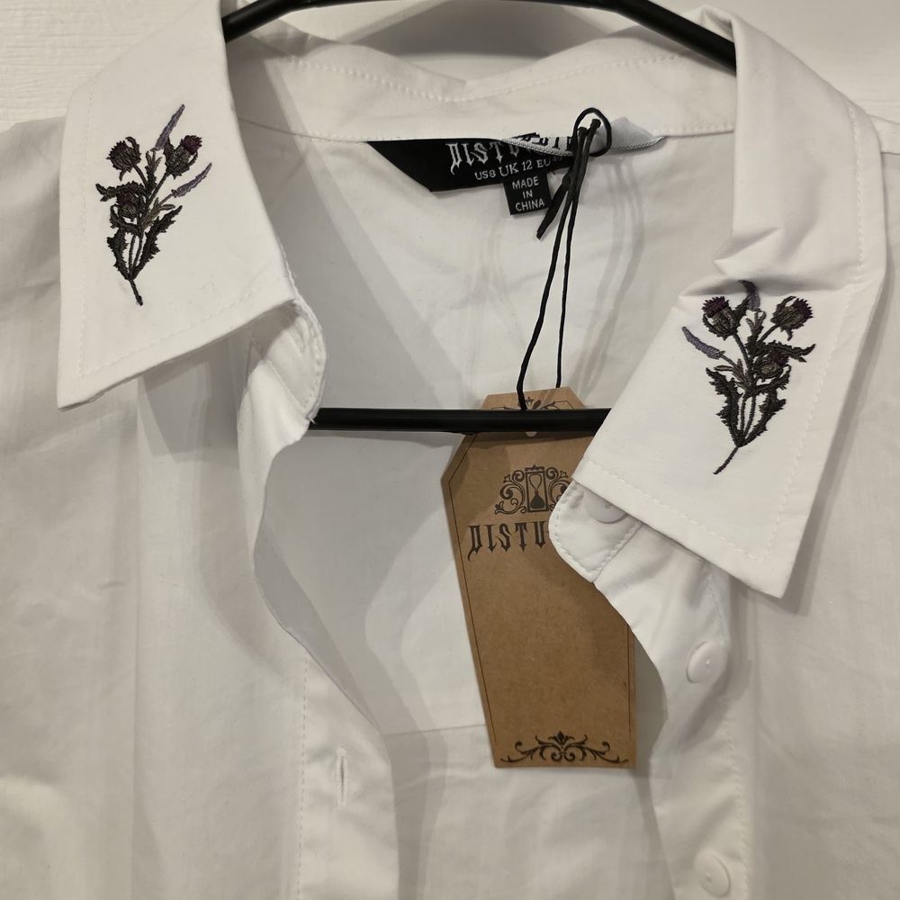 Disturbia Dispair White Button Down Shirt with Thistle Embroidery - Picture 2 of 3